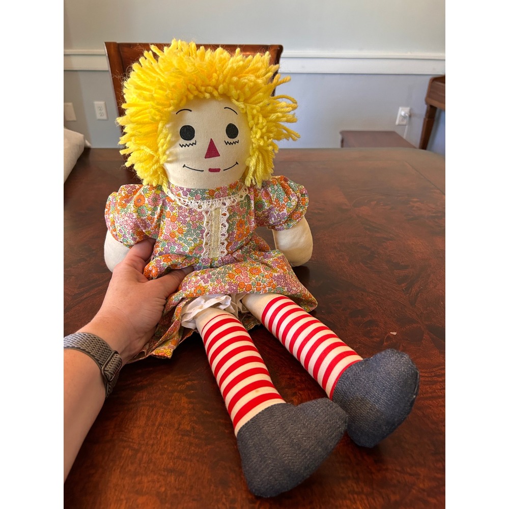 Vintage Raggedy Ann Style Cloth Doll Yellow Yarn Hair Floral Dress 21 Inch